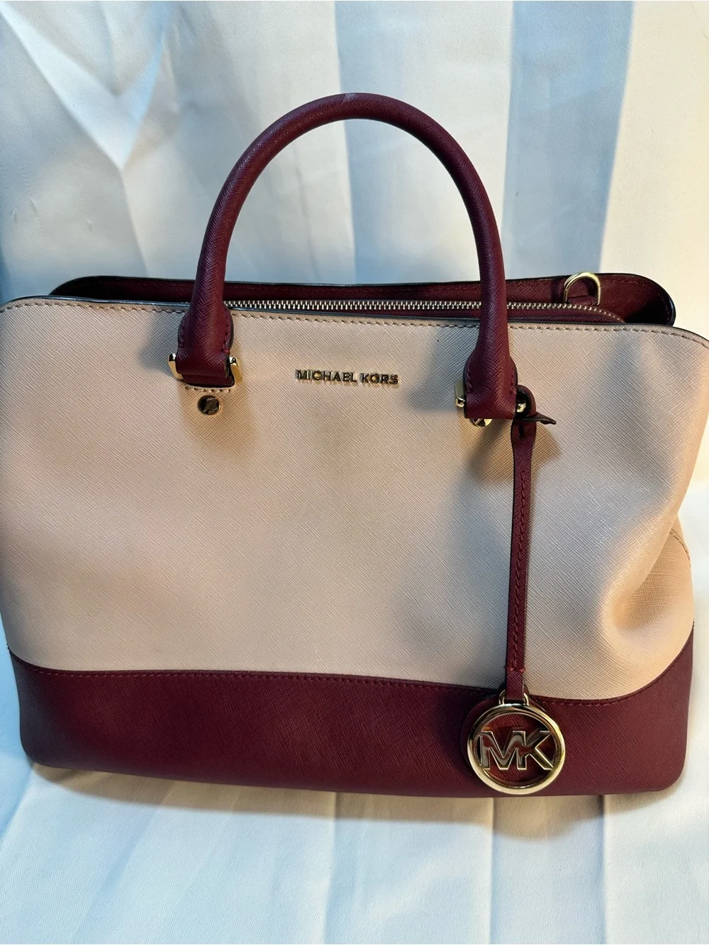 Michael Kors Savannah Satchel pink and mulberry color blocking